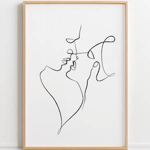 Romantic Couple Kiss Print: Minimalist One Line Art (Digital Download