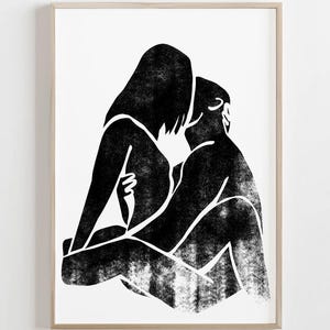 抽象的なカップルアート、親密な抱擁のアートプリント、ロマンチックなカップルのキスアート、官能的な絵、人物アート、印刷可能な壁アート