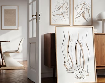 Sensuele muurkunst Set van 4 prints: intiem stel omhelzing, slaapkamerdecoratie (digitale download)