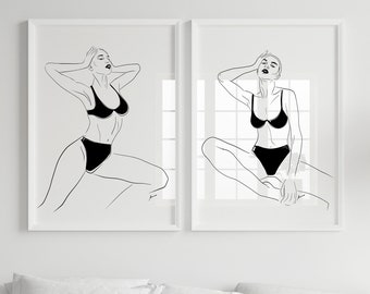 Woman in underwear stretching in bedroom, (B&W) For sale as Framed Prints,  Photos, Wall Art and Photo Gifts