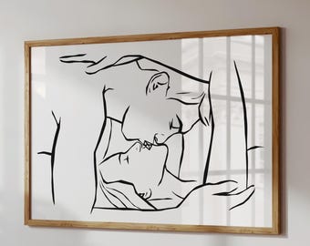 Line Art Print stel: romantisch slaapkamerdecor, minimalistische muurkunst (digitale download)