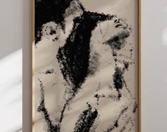 Sensual Couple Embrace Art Print: Beige & Black Intimate Decor (Digital Download)