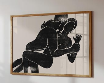 Sensual Lovers Art Print: Abstract Couple Embrace, Romantic Bedroom Decor (Digital Download)