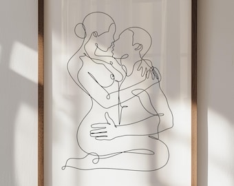 Sensual Couple Line Art Print: Lovers Embrace, Minimalist Decor (Digital Download)