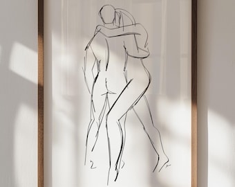 Impresión artística de pareja: Boceto de abrazo íntimo, decoración minimalista para pared (descarga digital)