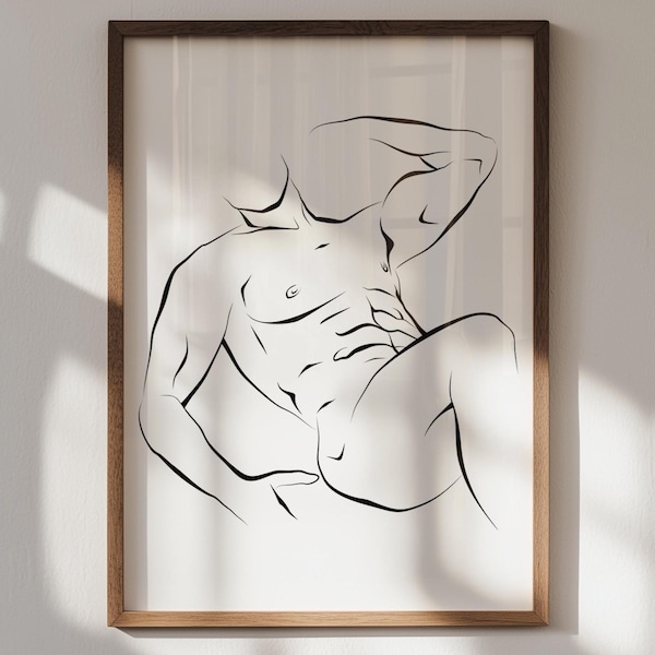 Male Torso Line Art Print, Minimalist Black and White Drawing (Digital Download)