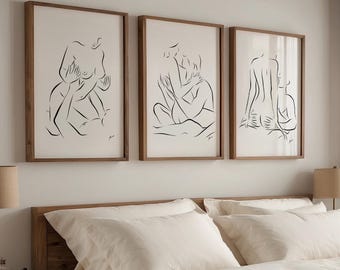 Láminas artísticas sensuales para parejas: Amantes abrazándose (dibujo lineal), decoración romántica para la pared del dormitorio (descarga digital).