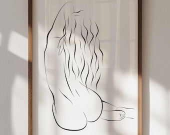 Female Figure Line Art Print: Long Hair Woman Back (Digital Download)