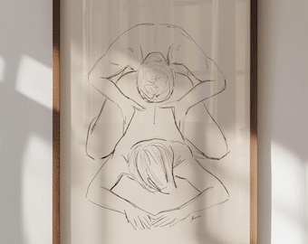 Lámina artística de pareja sensual: boceto íntimo de pareja, decoración neutra para dormitorio (descarga digital)