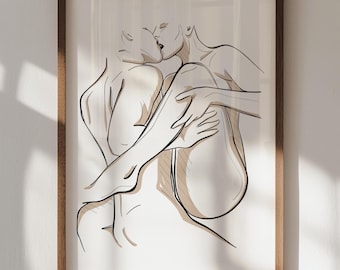 Dibujo de pareja sensual: Amantes en un abrazo íntimo, impresión artística (descarga digital)