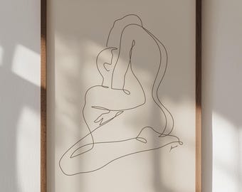 Romantic Couple Monoline Art Print: Beige Embrace, Minimalist Decor (Digital Download)
