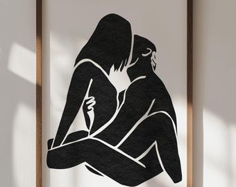 Couple Embrace Art Print: Sensual Lovers Art, Abstract Drawing (Digital Download)