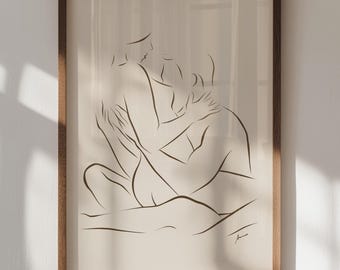 Paar Linie Kunstdruck: Beige romantisches Wohndekor (Digitaler Download)