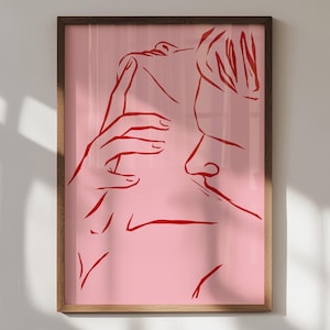 Abstract Couple Art Print: Neck Kiss, Pink and Red (Digital Download)