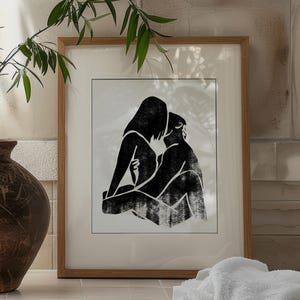 Abstract Couple Art, Intimate Embrace Art Print, Romantic Couple Kiss Art, Sensual Drawing, Human Figure Art, Printable Wall Art