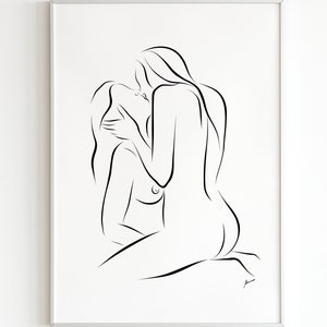 Line Art print van lesbiennes: minimalistische intieme omhelzing (digitale download)