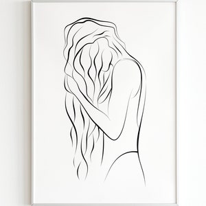 カーリーヘアアート、ビーチガールのラインアート、サーファーウーマンのアート、夏の海岸プリント、ビーチハウスの海辺の装飾、印刷可能なウォールアート