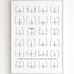 Butt Line Art, Funny Bathroom Art, Cheeky Bum Drawing, Welcome All Bums, Body Positive Wall Art, Humorous Decor, Printable Bum Types Art