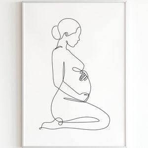 Arte de mujer embarazada, arte lineal sobre el embarazo, retrato de mujer embarazada sentada sosteniendo su vientre, baby shower, arte del nacimiento de un bebé, arte imprimible