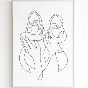 Arte lineal lésbico, bellas artes de pareja de chicas, arte lineal LGBTQ, dibujo de novias, impresión de abrazos de gemelas, decoración minimalista, arte de pared imprimible