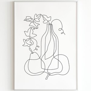 Minimalistische Stillleben Art Print, Vase mit Efeublättern und Birnen, One Line Zeichnung, Botanische und Früchte Wandkunst, Printable Home Decor