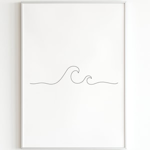 Wave print, Ocean wave one line art, Coastal wall art, Beach printable art, Sea One-Line poster, Neutral Minimalist wall art