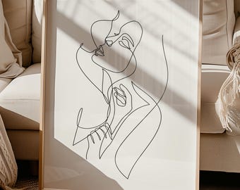 Grafika liniowa „Lesbijski pocałunek”: Rysunek intymnej pary kobiet (pobieranie cyfrowe)
