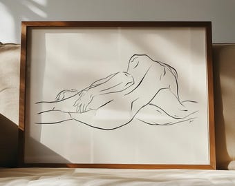 Kunstdruck „Sinnliche Liebende“: Linienzeichnung eines Paares, moderne Schlafzimmerdekoration (Digitaler Download)