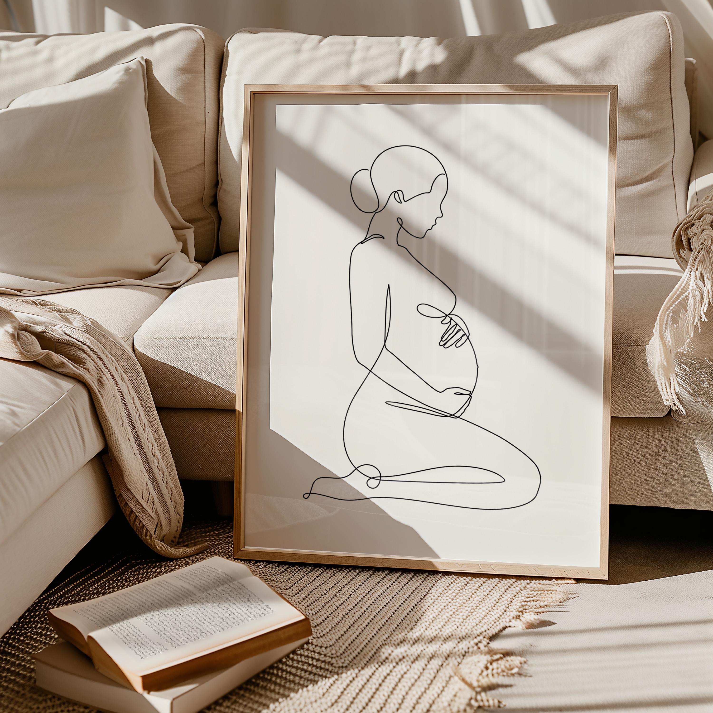Pregnancy Line Art Print, Pregnant Woman Art, Minimalist Maternity Art, Motherhood Belly Portrait, Baby Shower Gift, Birth Announcement Art