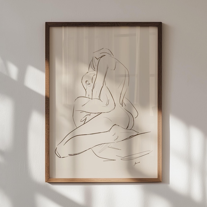 Sensual Couple Art Print: Lovers Embrace Drawing, Beige Home Decor ...