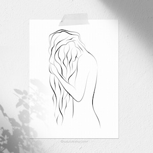 Nude Beach Girl Line Art, Naked Woman Shower Poster, Long Hair Girl in