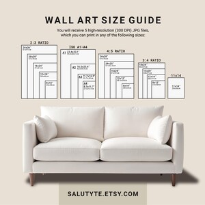 May include: A wall art size guide with various print dimensions, including 2:3, ISO A1-A4, 4:5, and 3:4 ratios, and an 11x14 inch option. The guide includes measurements in inches and centimeters. A white sofa is in the foreground. The Etsy shop name is at the bottom.