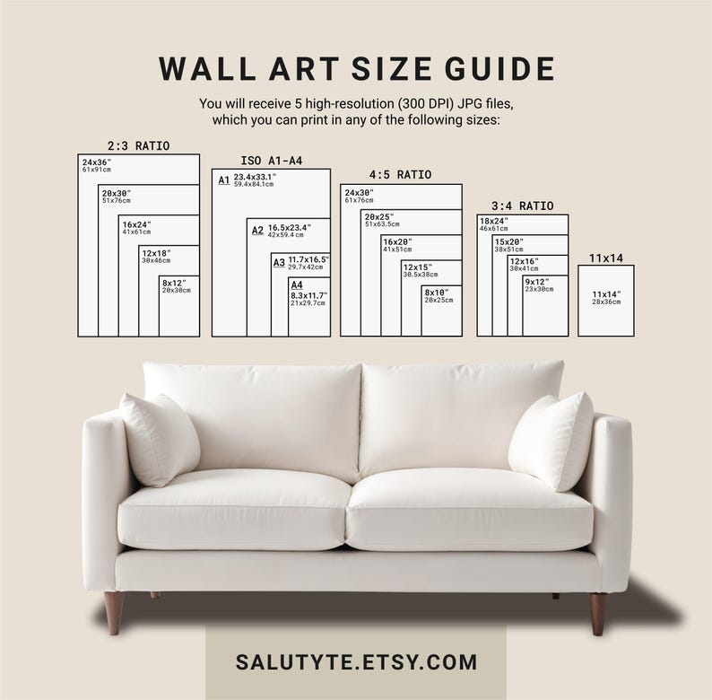 May include: A wall art size guide with various print dimensions, including 2:3, ISO A1-A4, 4:5, and 3:4 ratios, and an 11x14 inch option. The guide includes measurements in inches and centimeters. A white sofa is in the foreground. The Etsy shop name is at the bottom.