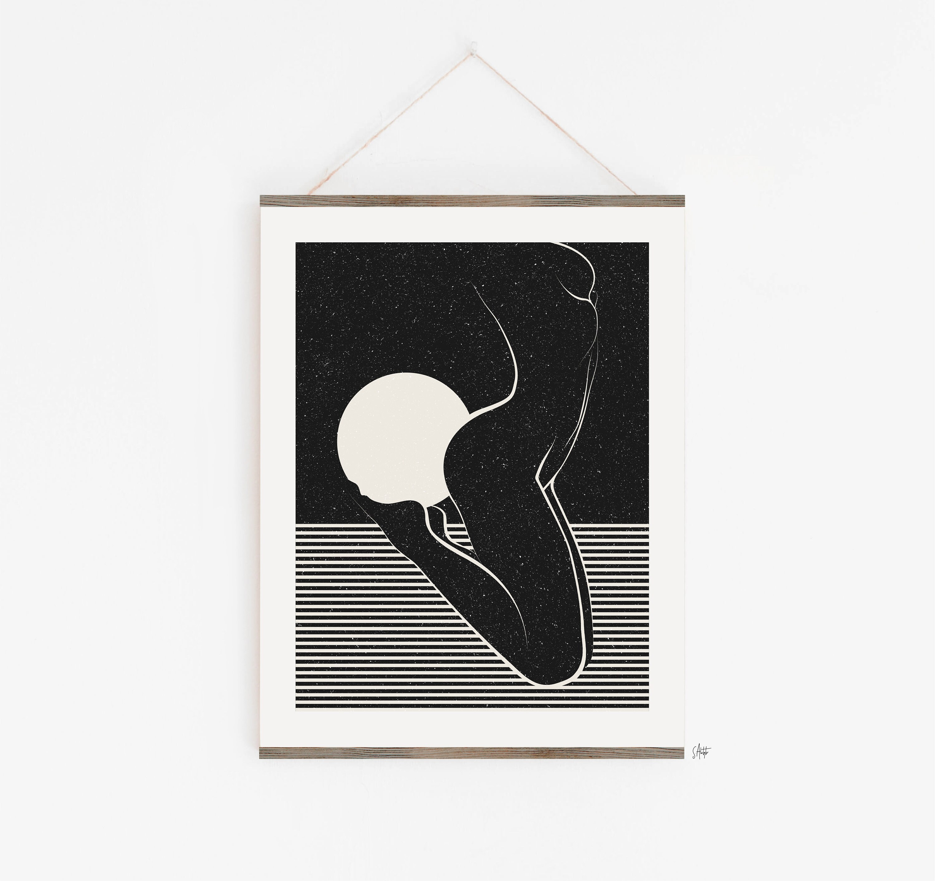 Abstract Nude Woman Silhouette - Sensual Art Print - Erotic Line Art - Chasing the Moon Collection - Moon & Stars Print - Modern Boho Art.