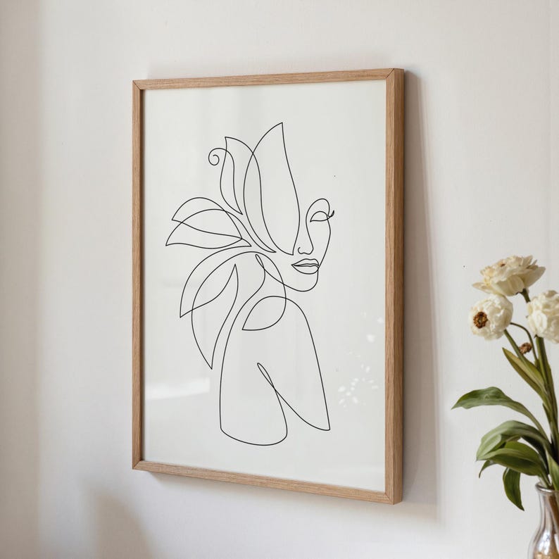 Minimalist Woman Line Art Print: Botanical Floral Face Drawing (digital ...