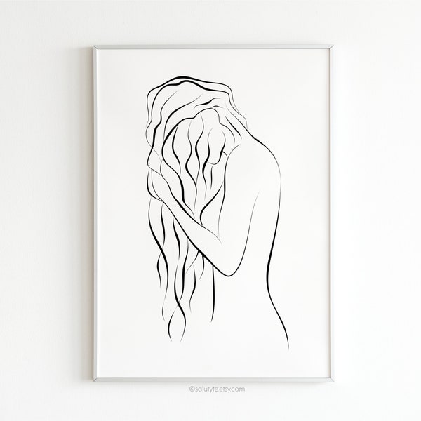 Nude Beach Girl Line Art, Naked Woman Shower Poster, Long Hair Girl in Shower, Female Figure Drawing, Bathroom Print Art, Sexy Wall Decor