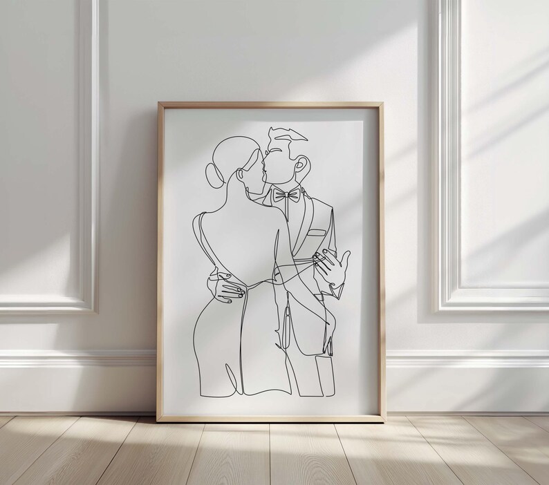 K&ouml;nnte beinhalten: Eine Schwarzwei&szlig;-Linienzeichnung eines sich k&uuml;ssenden Paares. Der Mann tr&auml;gt einen Anzug und die Frau ein Kleid. Die Zeichnung ist in einem einfachen, minimalistischen Stil gehalten.