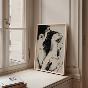 Puede incluir: Una impresi&oacute;n art&iacute;stica abstracta en blanco y negro enmarcada. La obra de arte presenta una representaci&oacute;n similar al carboncillo de dos figuras. El marco es de color claro y la impresi&oacute;n se exhibe en un alf&eacute;izar junto a una pila de libros. El texto "I CAN SEE IT" es visible.