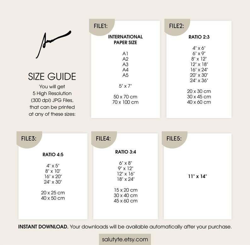 K&ouml;nnte beinhalten: Gr&ouml;&szlig;en&uuml;bersicht f&uuml;r digitale Downloads mit f&uuml;nf verschiedenen Dateigr&ouml;&szlig;en f&uuml;r internationale Papierformate, Verh&auml;ltnis 4:5, Verh&auml;ltnis 3:4 und Verh&auml;ltnis 2:3. Die Gr&ouml;&szlig;en sind in Zoll und Zentimetern angegeben.