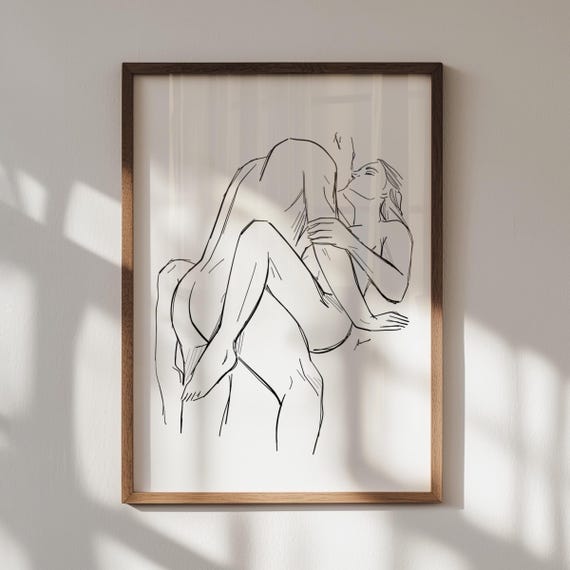 Couple Sketch Print: Sensual Position Wall Art, Lovers Embrace, Black & White (Digital Download)