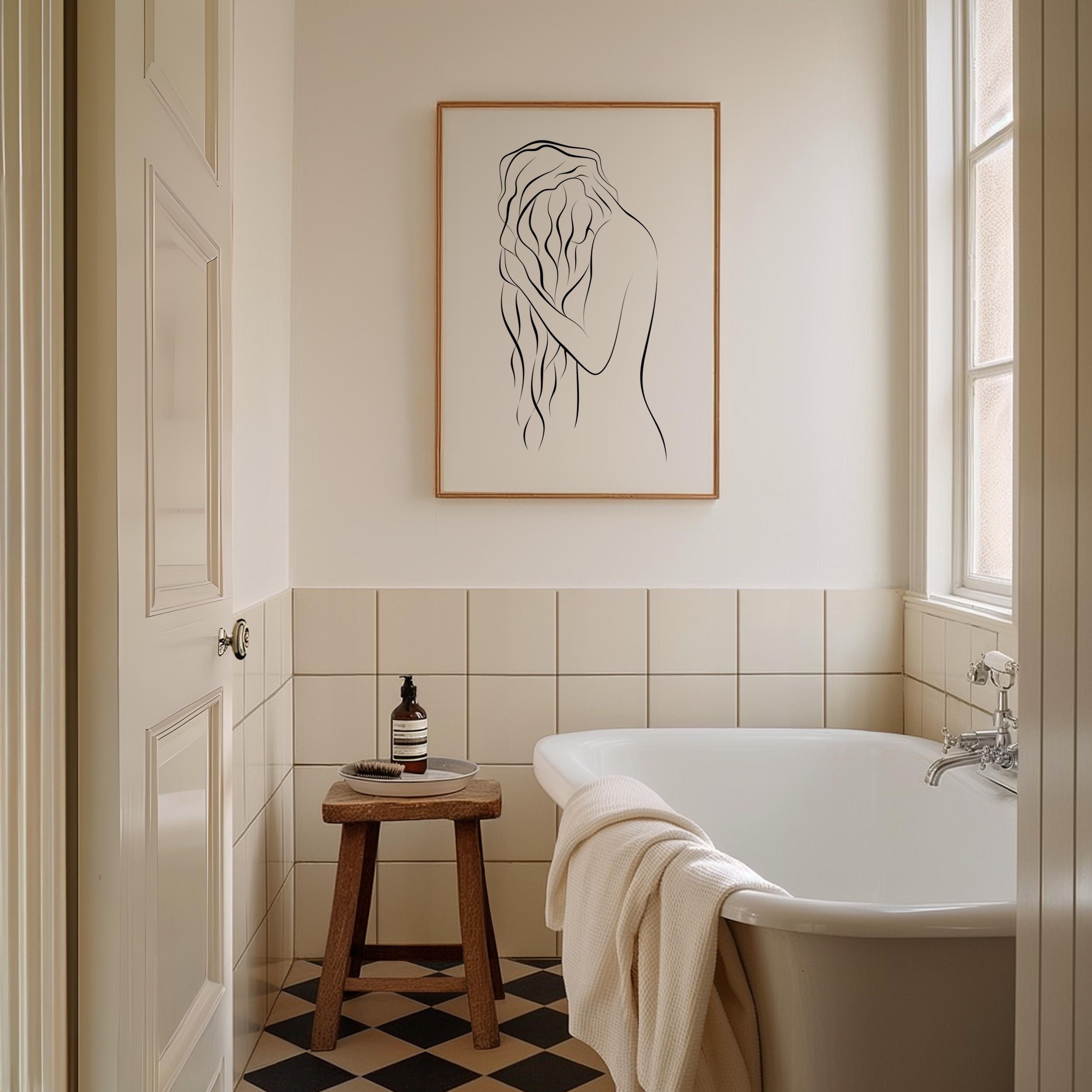 Nude Beach Girl Line Art, Naked Woman Shower Poster, Long Hair Girl in Shower, Female Figure Drawing, Bathroom Print Art, Sexy Wall Decor