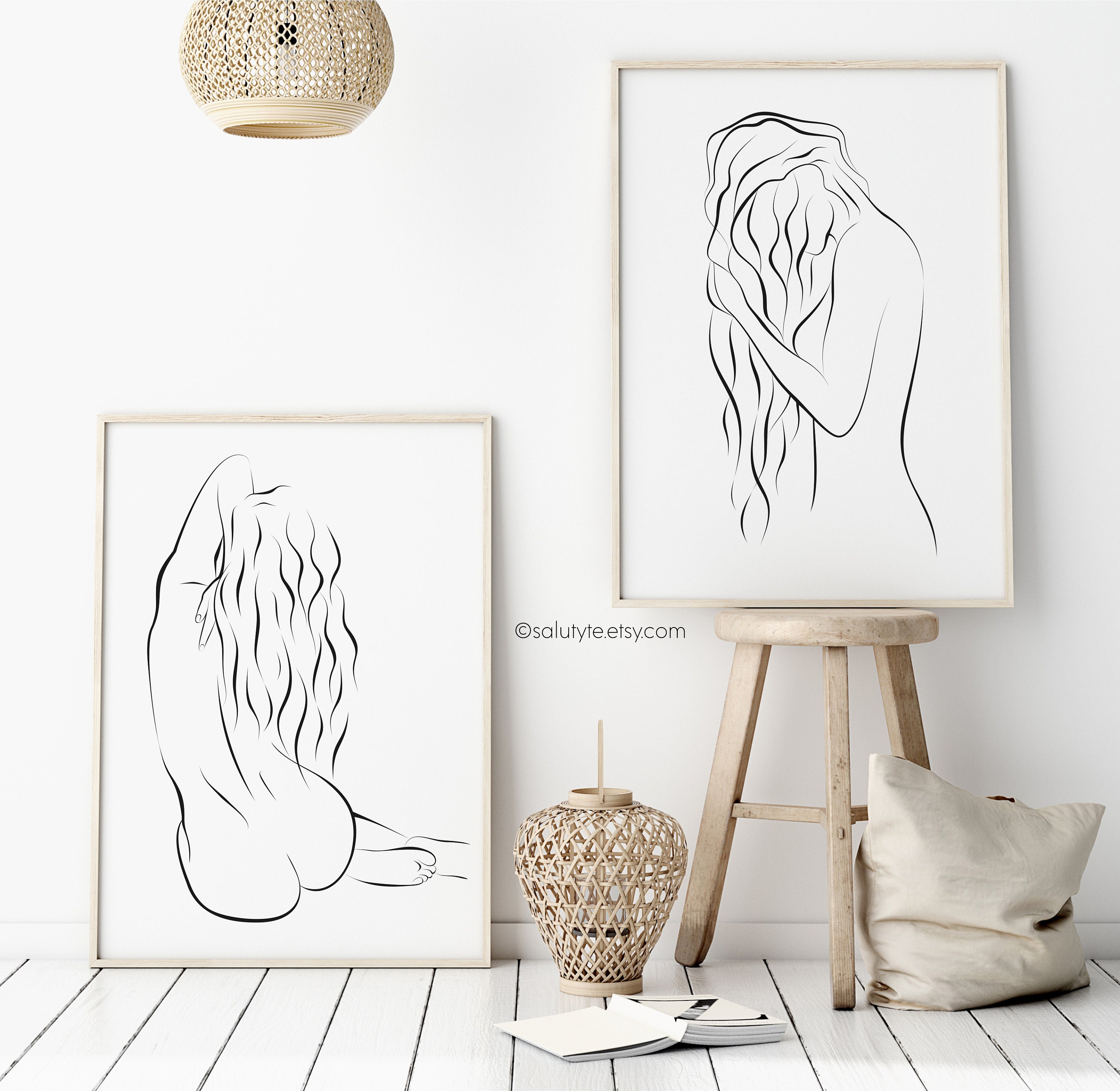 Nude Girl With Long Hair, Naked Female Back Line Art, Beach Girl, Erotic Line Drawing, Nude Line Art, Sexy Drawing, Women Figure Art Decor