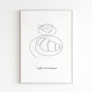 Coffee mug and croissant art print, One line drawing, Classic french pastry print, Dining wall decor, Minimalist kitchen decor, Coffee gift