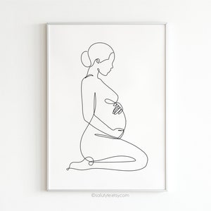 Pregnant Woman Art, Pregnancy Line Art, Portrait of Pregnant Woman Sitting and Holding Belly, Baby Shower, Baby Birth Art, Printable Art