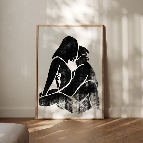 Couple Embrace Art Print: Sensual Lovers Art, Abstract Drawing (Digital Download)
