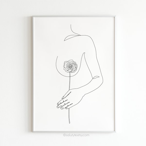 Breast Covered with Rose, Breast Cancer Awareness Poster, Women Body Positive Art, Body Positive Art, Nude One Line Art, Elegant Art Print