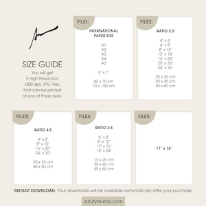 May include: A size guide for printable art, featuring various aspect ratios and international paper sizes. Includes dimensions in inches and centimeters, such as 4" x 6", 8" x 12", and A1, A2, A3, A4, A5. The text "INSTANT DOWNLOAD" is also visible.