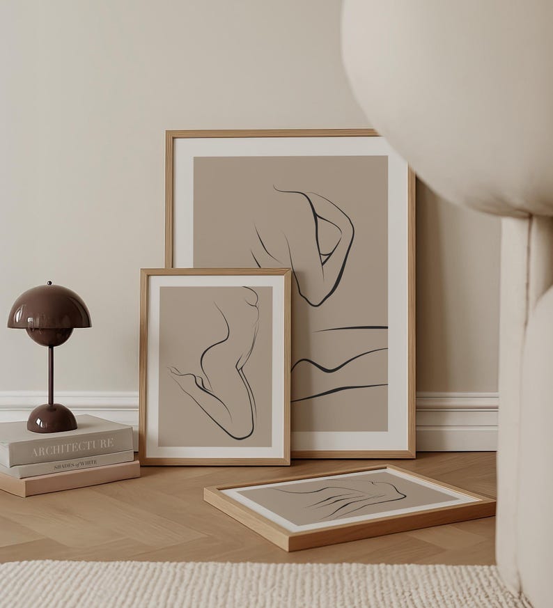 Nude Woman Line Art Prints, Beige Minimalist Wall Decor, Set of 3 ...