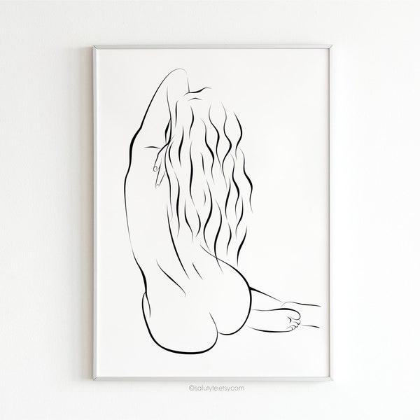 Long hair woman wall art, Nude female back line art, Beach girl art, Female back silhouette art, Female figure wall art, Gift for her