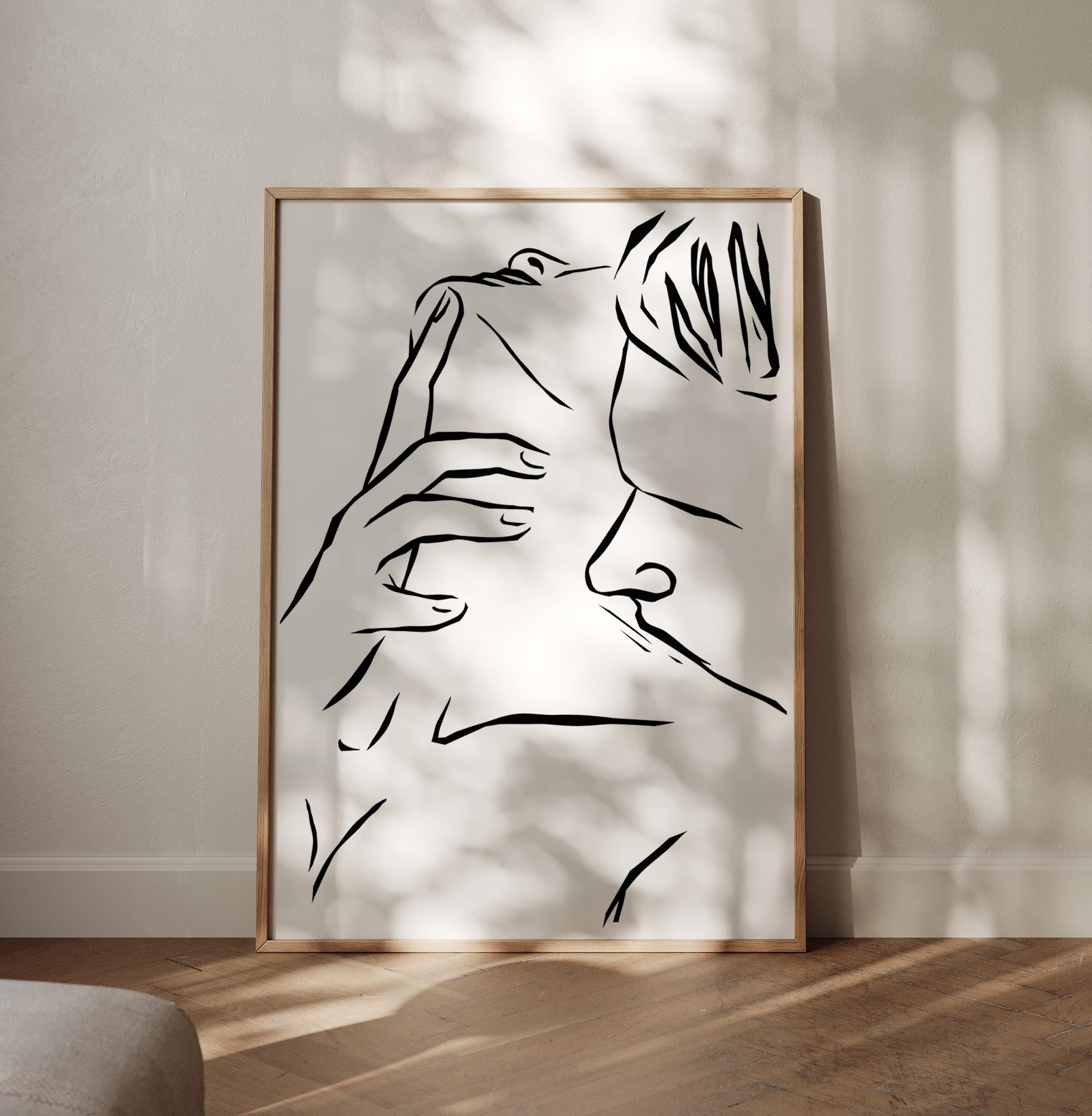 Romantic Couple Art Print: Neck Kiss Line Drawing, Intimate Embrace ...